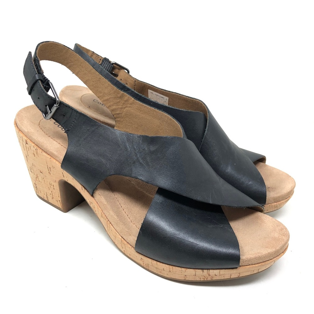 Cobb Hill Womens 10 Slingback Sandals Black Leather Cork Platform Heel Rockport